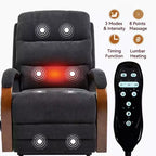 Sillón reclinable eléctrico de chenilla gris con masaje térmico y reposabrazos de madera maciza para sala de estar o apartamento