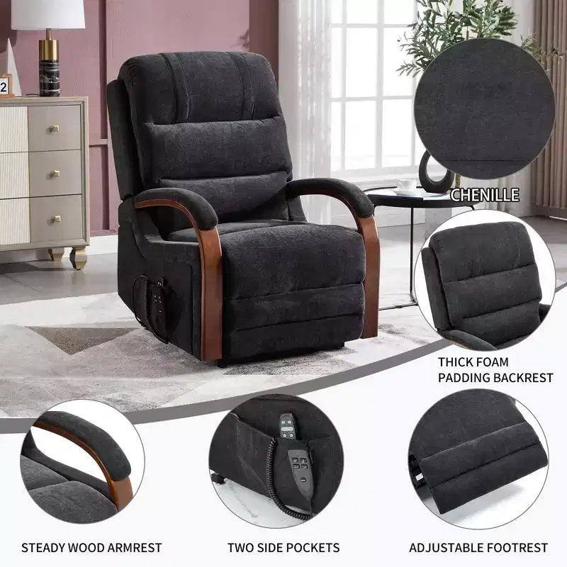 Sillón reclinable eléctrico de chenilla gris con masaje térmico y reposabrazos de madera maciza para sala de estar o apartamento