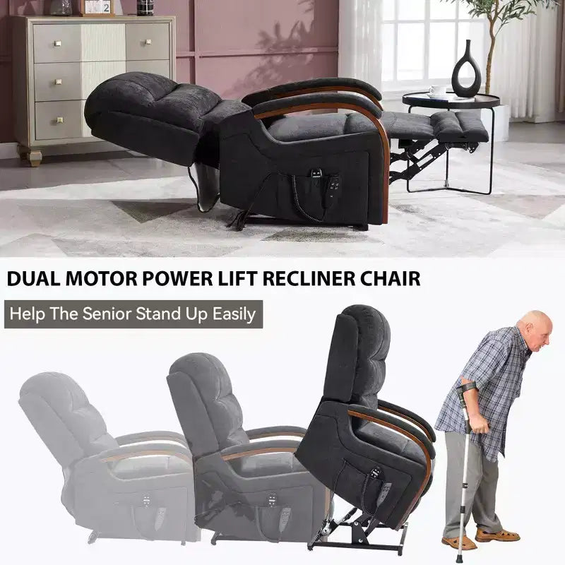 Sillón reclinable eléctrico de chenilla gris con masaje térmico y reposabrazos de madera maciza para sala de estar o apartamento