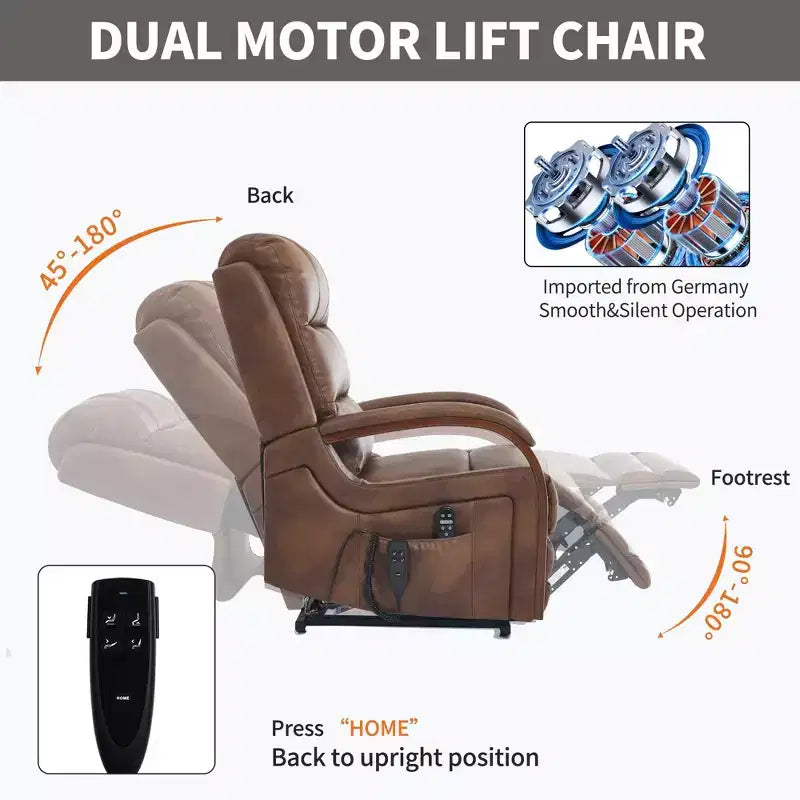 Sillón reclinable eléctrico de chenilla gris con masaje térmico y reposabrazos de madera maciza para sala de estar o apartamento