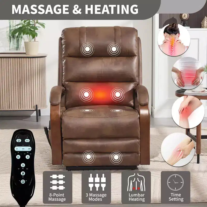 Sillón reclinable eléctrico de chenilla gris con masaje térmico y reposabrazos de madera maciza para sala de estar o apartamento