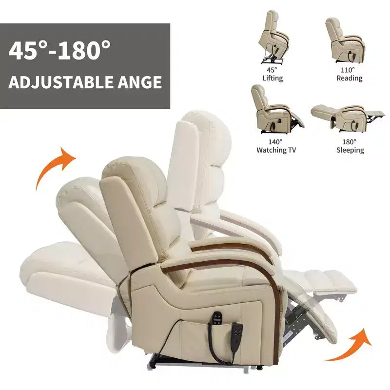 Sillón reclinable eléctrico de chenilla gris con masaje térmico y reposabrazos de madera maciza para sala de estar o apartamento