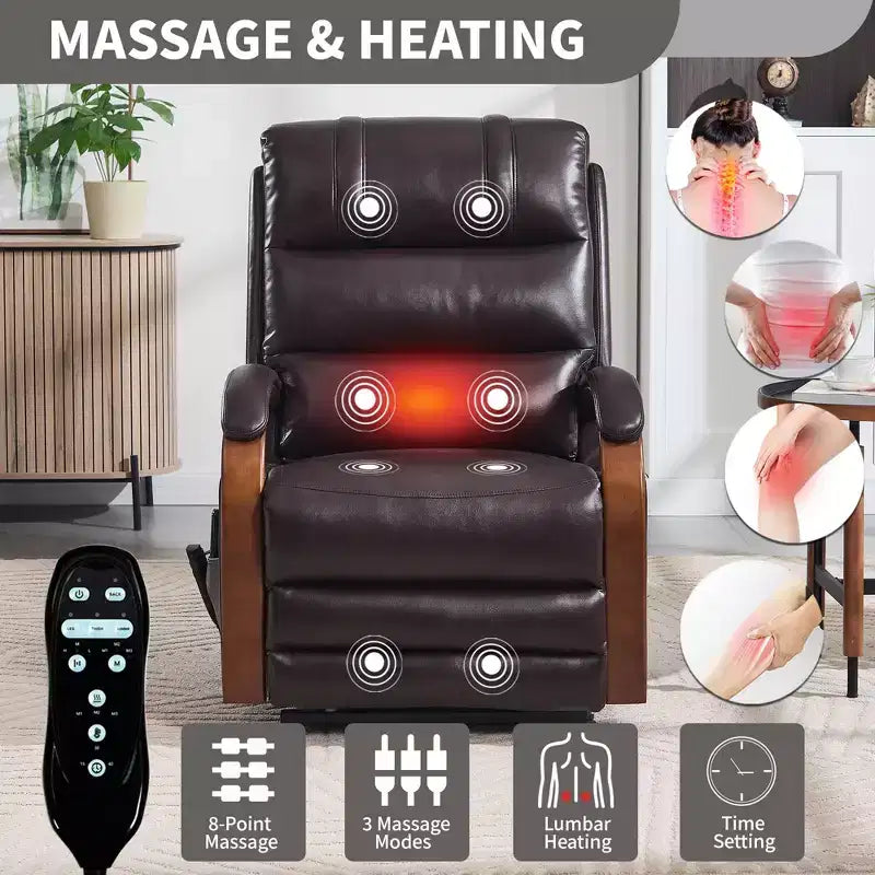 Sillón reclinable eléctrico de chenilla gris con masaje térmico y reposabrazos de madera maciza para sala de estar o apartamento