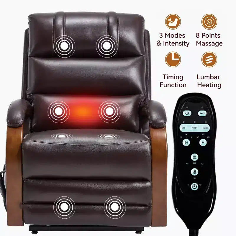 Sillón reclinable eléctrico de chenilla gris con masaje térmico y reposabrazos de madera maciza para sala de estar o apartamento