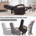 Sillón reclinable eléctrico de chenilla gris con masaje térmico y reposabrazos de madera maciza para sala de estar o apartamento
