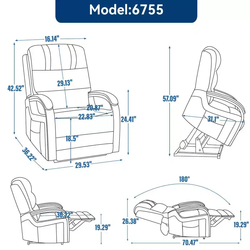 Sillón reclinable eléctrico de chenilla gris con masaje térmico y reposabrazos de madera maciza para sala de estar o apartamento