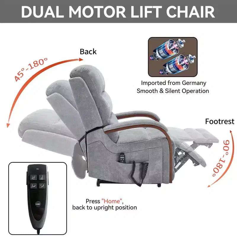 Sillón reclinable eléctrico de chenilla gris con masaje térmico y reposabrazos de madera maciza para sala de estar o apartamento