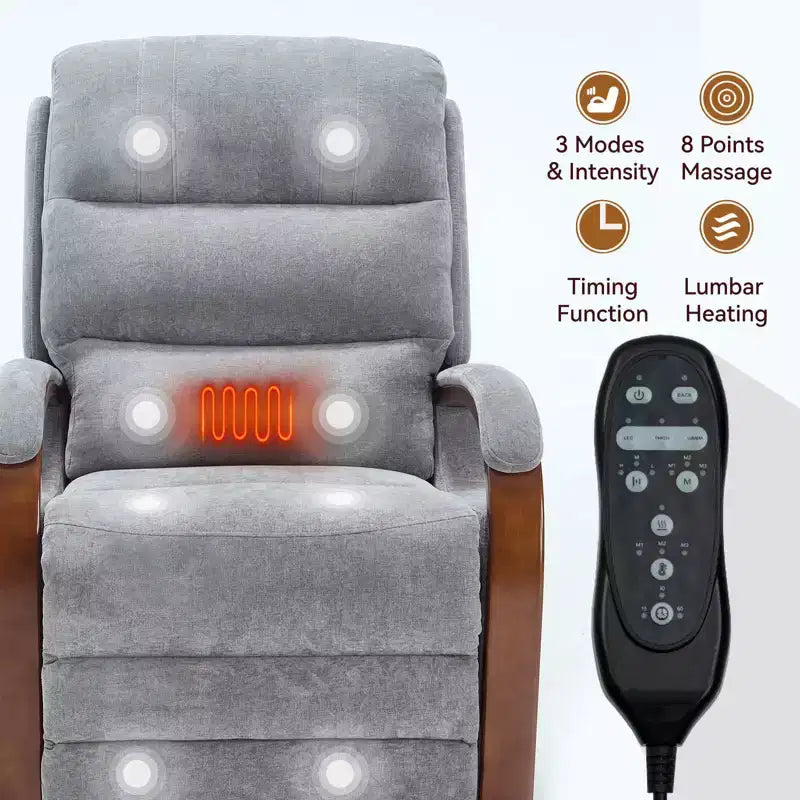Sillón reclinable eléctrico de chenilla gris con masaje térmico y reposabrazos de madera maciza para sala de estar o apartamento