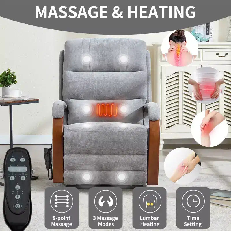 Sillón reclinable eléctrico de chenilla gris con masaje térmico y reposabrazos de madera maciza para sala de estar o apartamento