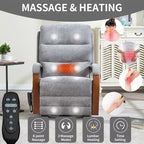 Sillón reclinable eléctrico de chenilla gris con masaje térmico y reposabrazos de madera maciza para sala de estar o apartamento