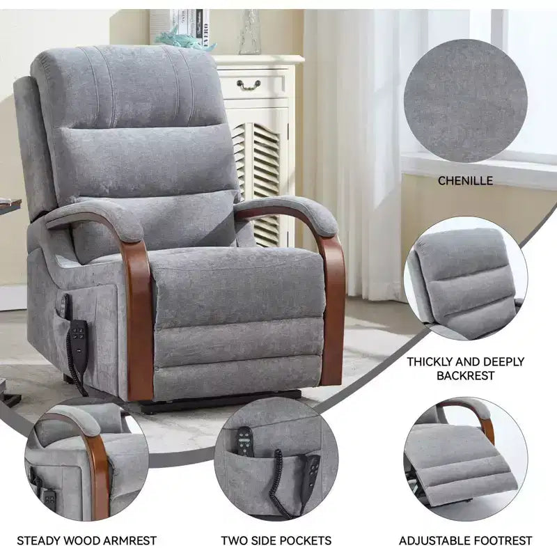 Sillón reclinable eléctrico de chenilla gris con masaje térmico y reposabrazos de madera maciza para sala de estar o apartamento