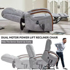 Sillón reclinable eléctrico de chenilla gris con masaje térmico y reposabrazos de madera maciza para sala de estar o apartamento