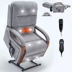 Sillón reclinable eléctrico de chenilla gris con masaje térmico y reposabrazos de madera maciza para sala de estar o apartamento