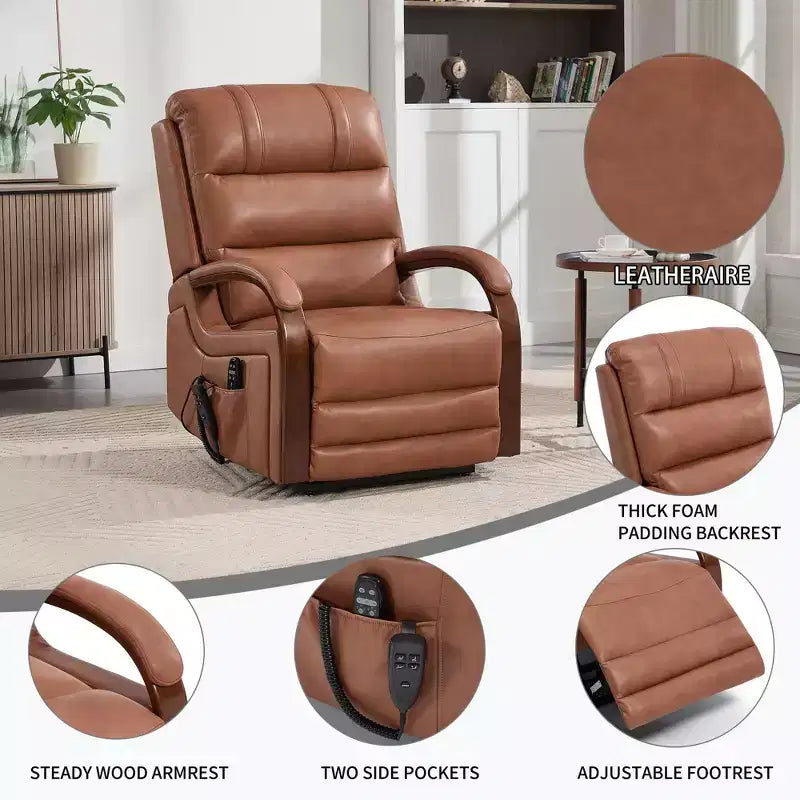 Sillón reclinable eléctrico de chenilla gris con masaje térmico y reposabrazos de madera maciza para sala de estar o apartamento
