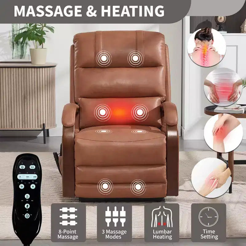 Sillón reclinable eléctrico de chenilla gris con masaje térmico y reposabrazos de madera maciza para sala de estar o apartamento