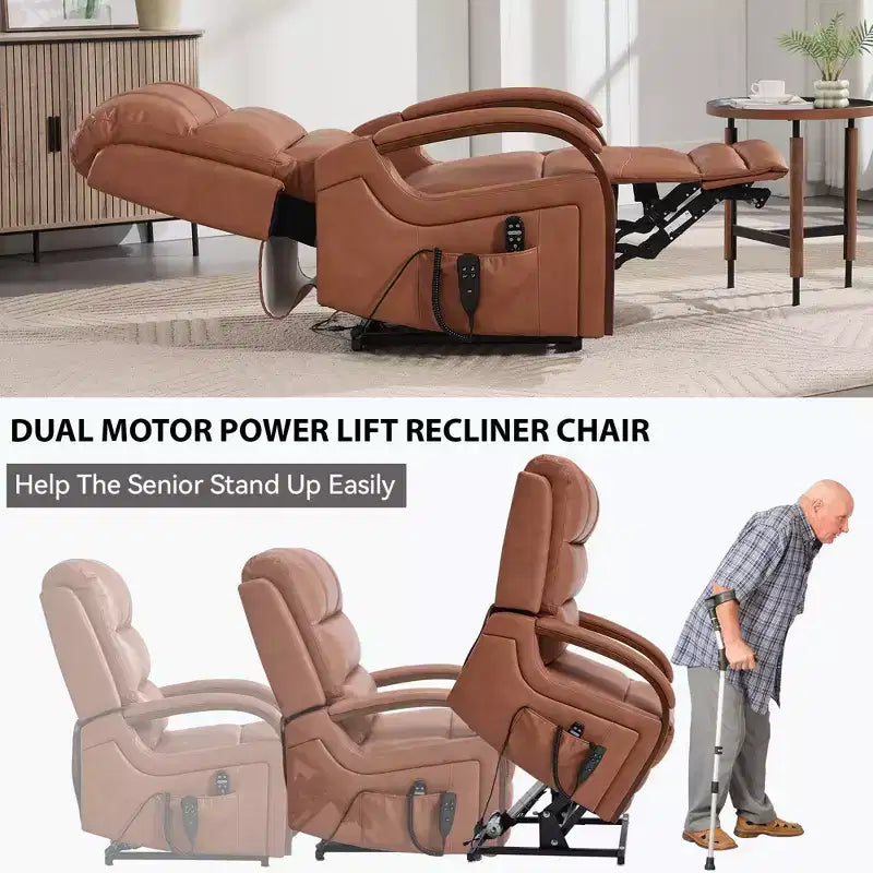 Sillón reclinable eléctrico de chenilla gris con masaje térmico y reposabrazos de madera maciza para sala de estar o apartamento