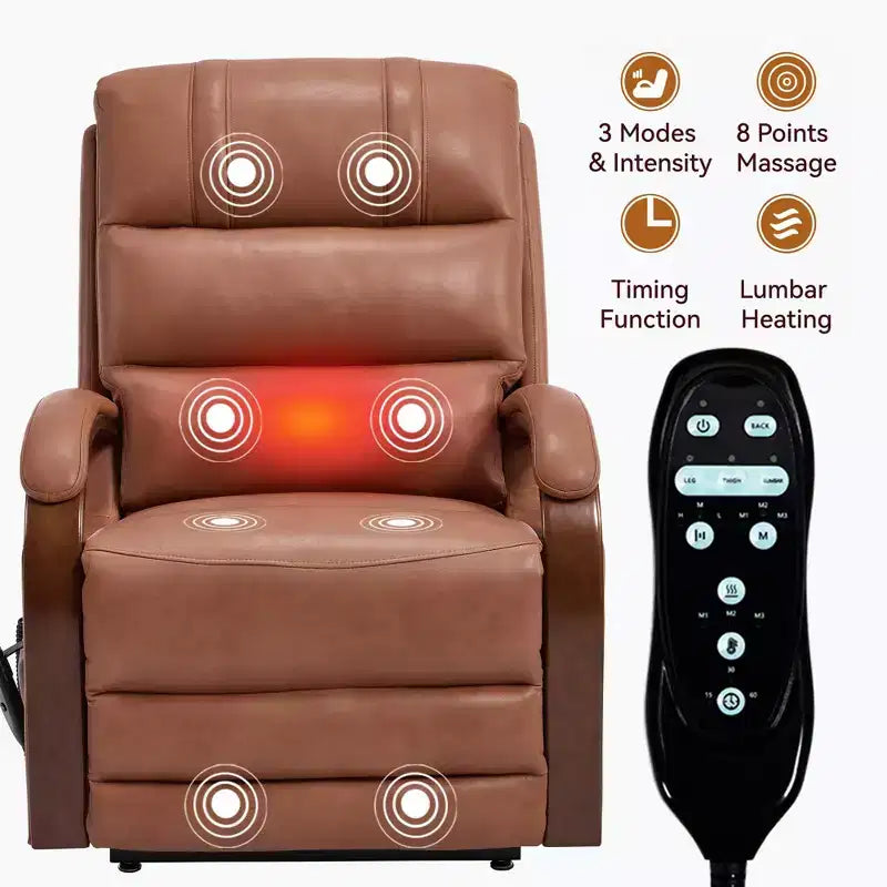 Sillón reclinable eléctrico de chenilla gris con masaje térmico y reposabrazos de madera maciza para sala de estar o apartamento