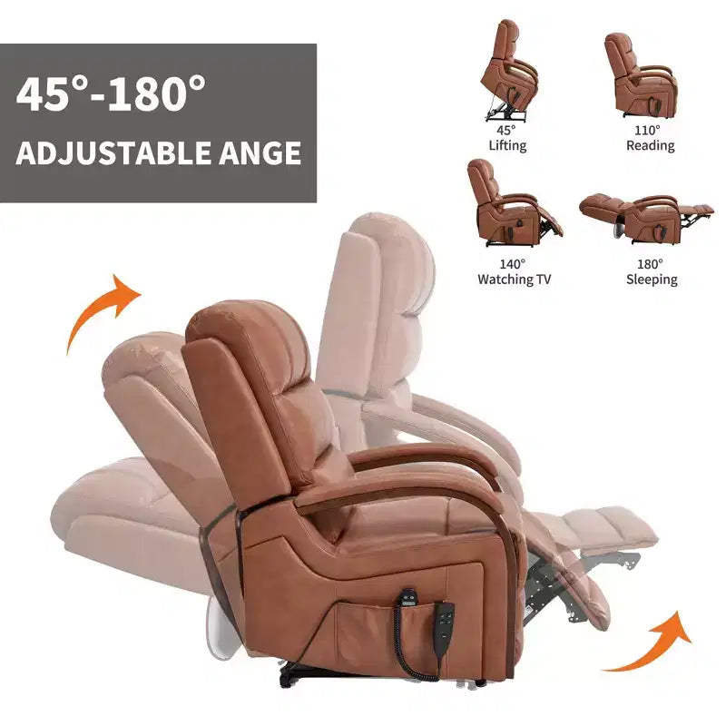 Sillón reclinable eléctrico de chenilla gris con masaje térmico y reposabrazos de madera maciza para sala de estar o apartamento