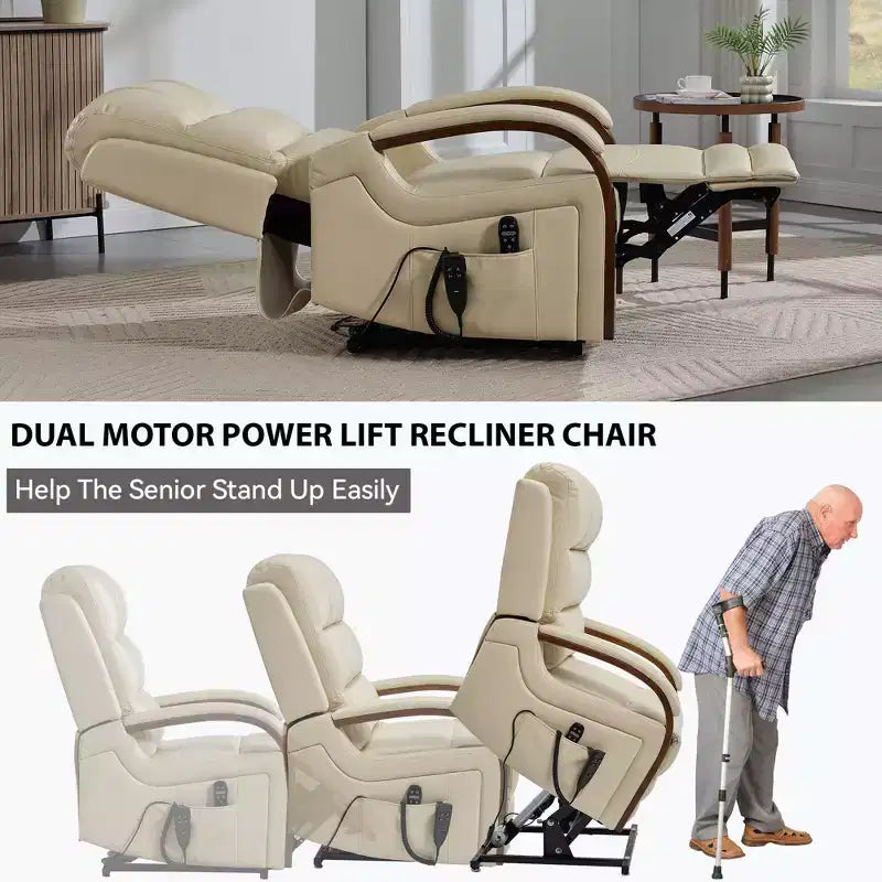 Sillón reclinable eléctrico de chenilla gris con masaje térmico y reposabrazos de madera maciza para sala de estar o apartamento