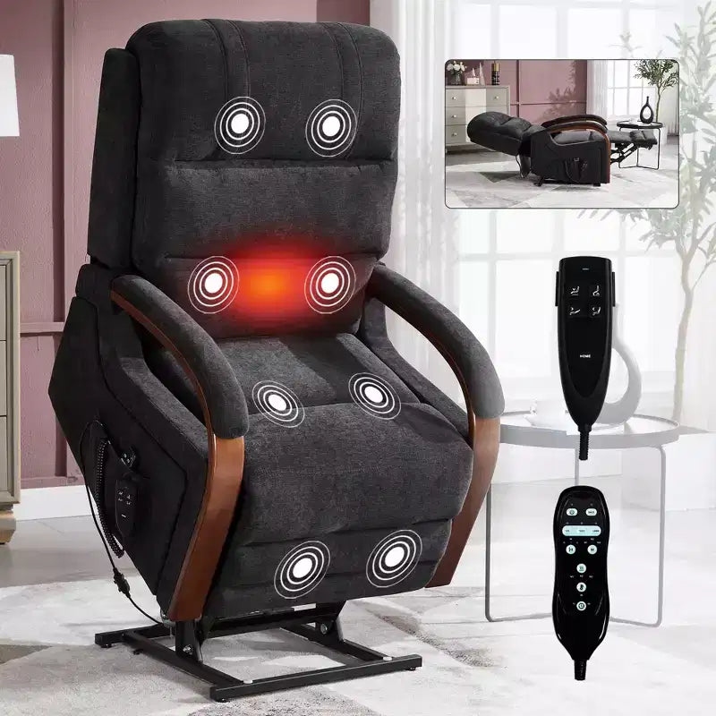 Sillón reclinable eléctrico de chenilla gris con masaje térmico y reposabrazos de madera maciza para sala de estar o apartamento