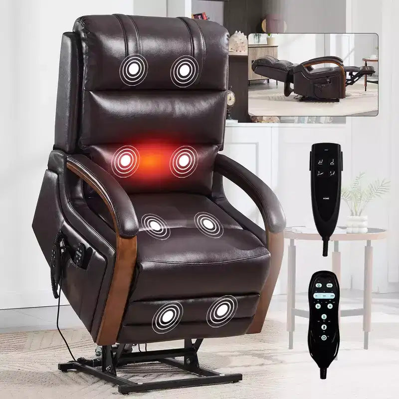 Sillón reclinable eléctrico de chenilla gris con masaje térmico y reposabrazos de madera maciza para sala de estar o apartamento