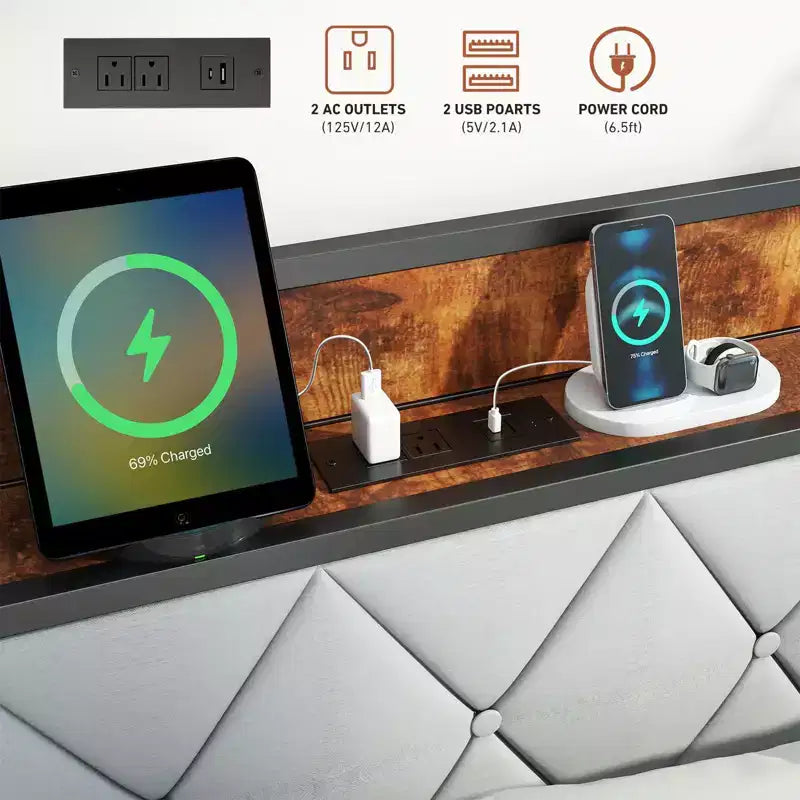 Base de Cama de Plataforma con Almacenamiento y Acolchado Suave, Láminas Resistentes, Capacidad de 1100 lb, USB y Tomas de Corriente