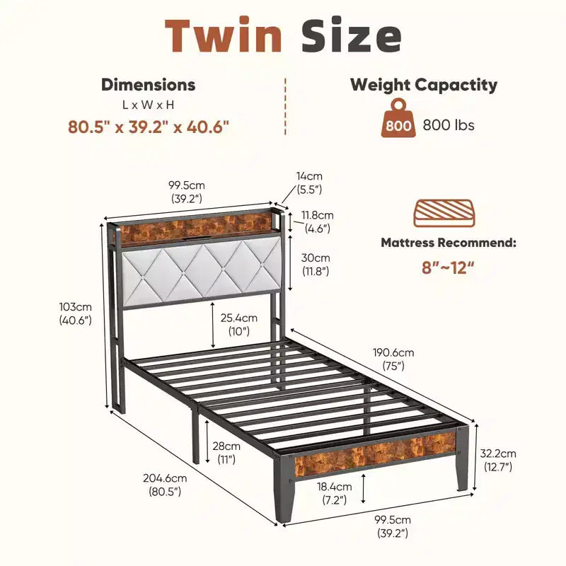 Base de Cama de Plataforma con Almacenamiento y Acolchado Suave, Láminas Resistentes, Capacidad de 1100 lb, USB y Tomas de Corriente