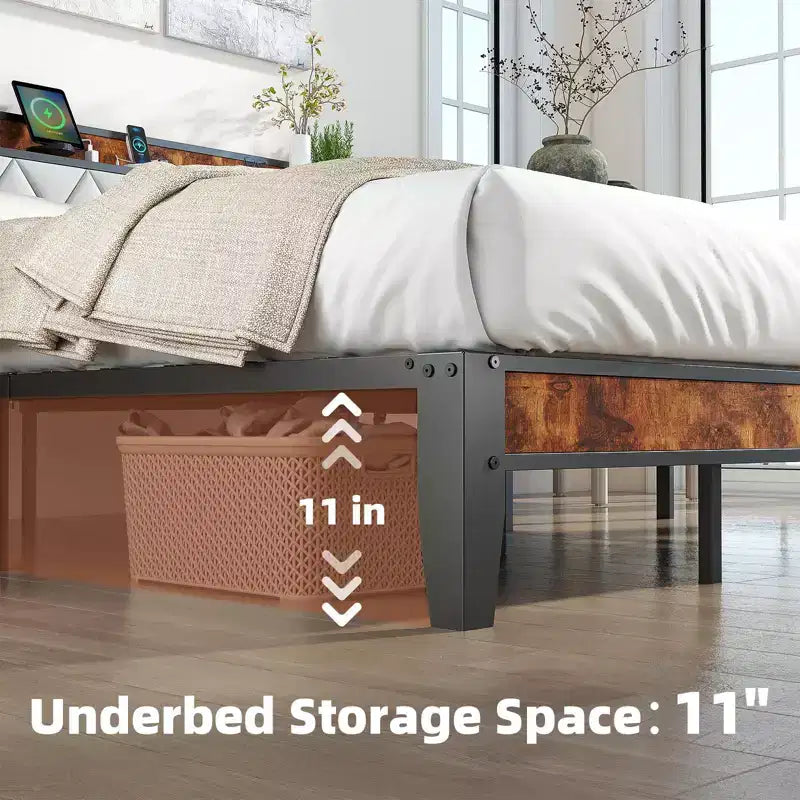 Base de Cama de Plataforma con Almacenamiento y Acolchado Suave, Láminas Resistentes, Capacidad de 1100 lb, USB y Tomas de Corriente