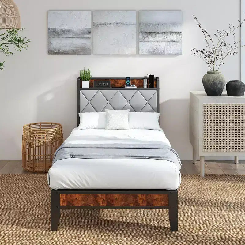 Base de Cama de Plataforma con Almacenamiento y Acolchado Suave, Láminas Resistentes, Capacidad de 1100 lb, USB y Tomas de Corriente