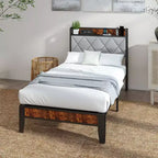 Base de Cama de Plataforma con Almacenamiento y Acolchado Suave, Láminas Resistentes, Capacidad de 1100 lb, USB y Tomas de Corriente