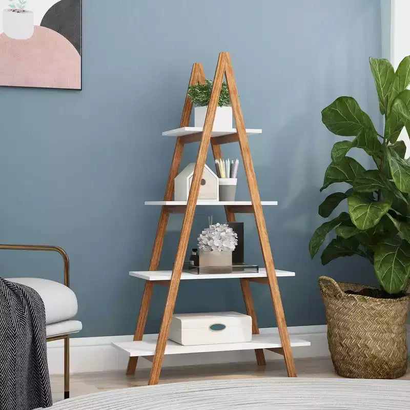Estantería con forma de escalera, de madera de bambú maciza, 4 estantes, ahorra espacio para la oficina en casa