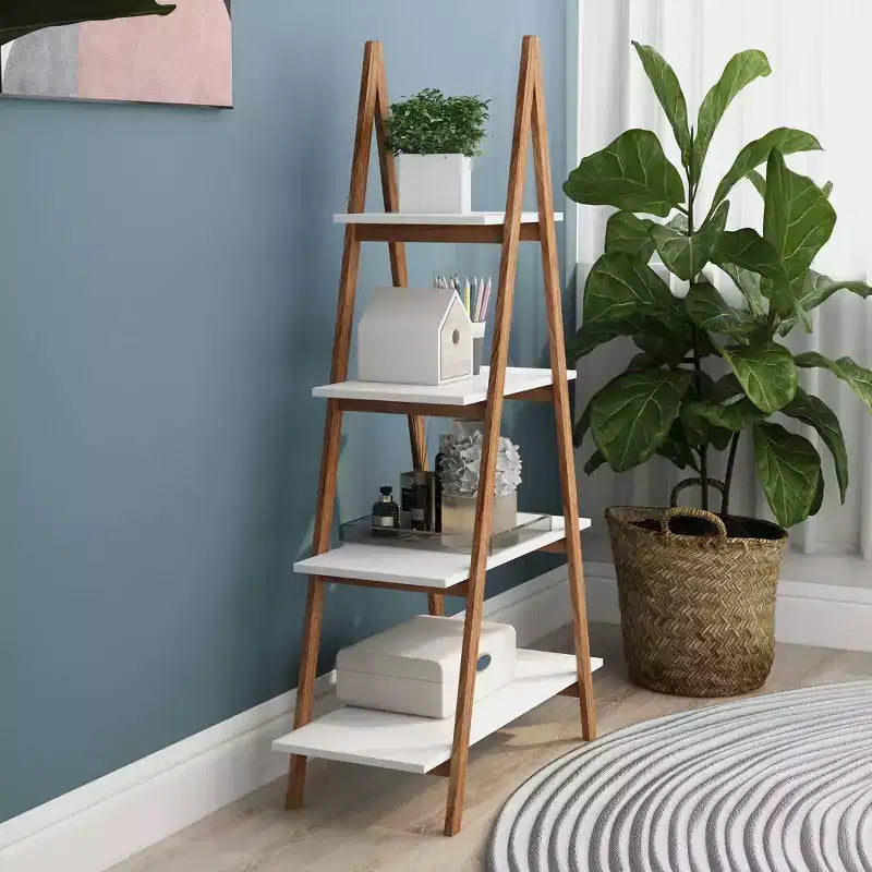 Estantería con forma de escalera, de madera de bambú maciza, 4 estantes, ahorra espacio para la oficina en casa