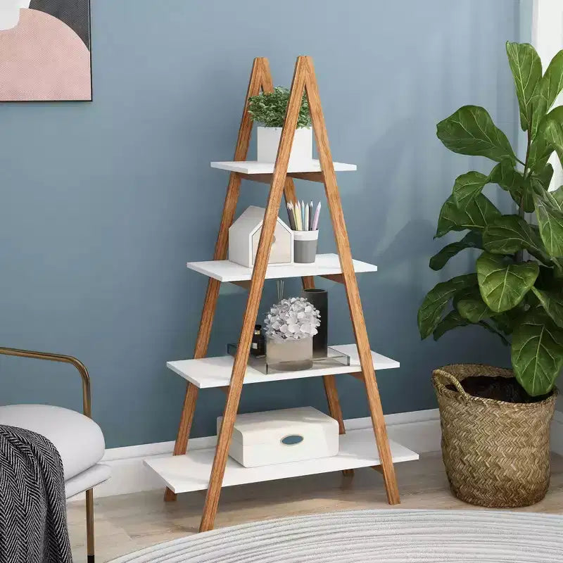 Estantería con forma de escalera, de madera de bambú maciza, 4 estantes, ahorra espacio para la oficina en casa