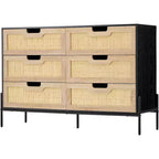 Acekool 6 Drawer Rattan Dresser, Fluted Chest with Stable Legs, Anti-Tipping Storage Cabinet for Bedroom