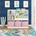 MAYEERTY Bookshelf and Bookcase, Multifunctional Bookcase with 3 Collapsible Fabric Drawers, Bookcase Display Stand for Bedroom Playroom White Pink