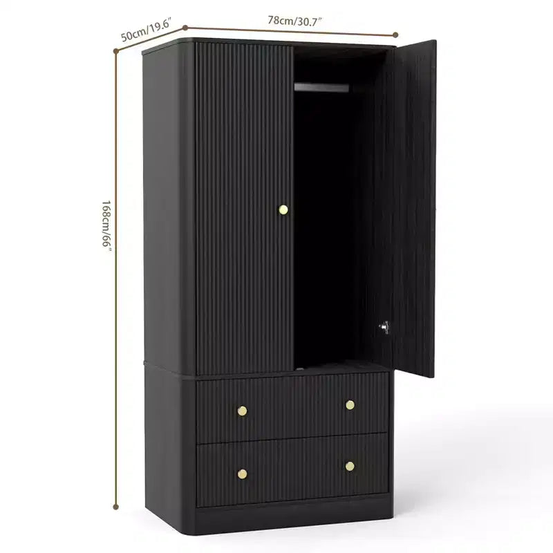 Armario de Ropa 2 Puertas 2 Cajones, Diseño Ondulado, Bisagras de Cierre Suave, Armario de Almacenamiento de Madera Independiente