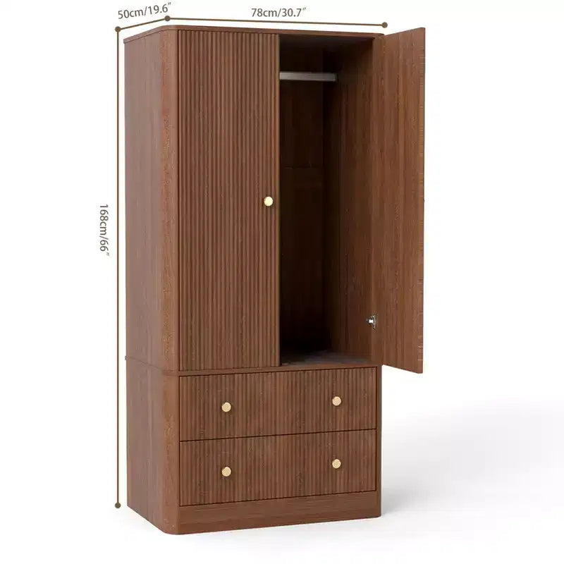 Armario de Ropa 2 Puertas 2 Cajones, Diseño Ondulado, Bisagras de Cierre Suave, Armario de Almacenamiento de Madera Independiente