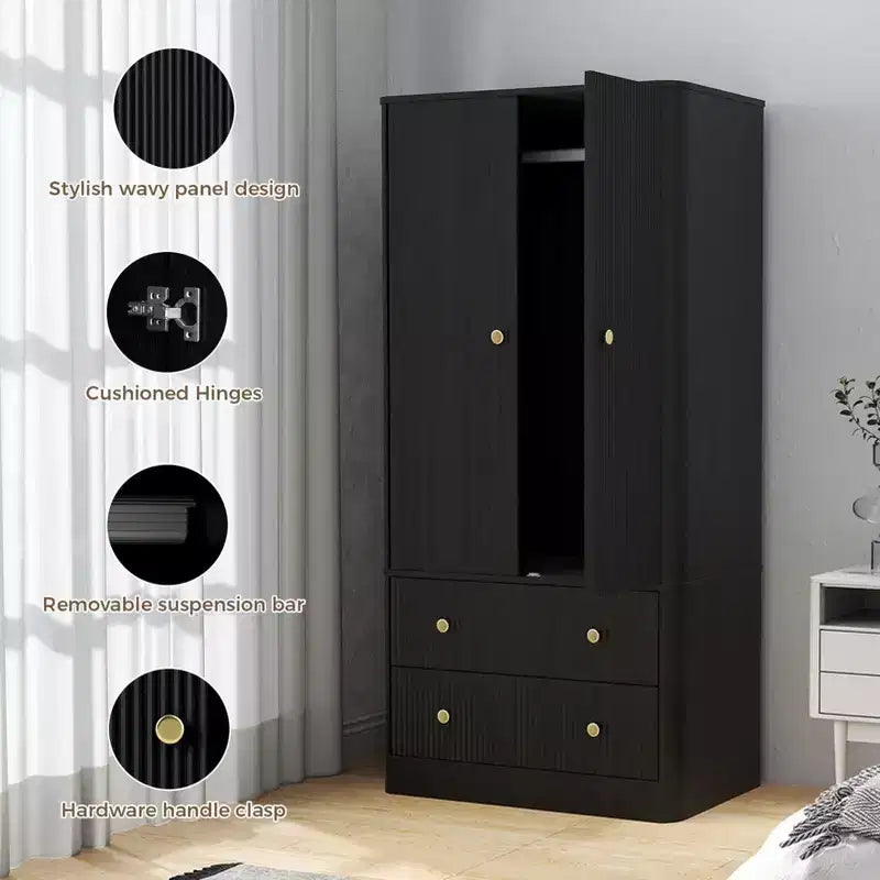 Armario de Ropa 2 Puertas 2 Cajones, Diseño Ondulado, Bisagras de Cierre Suave, Armario de Almacenamiento de Madera Independiente