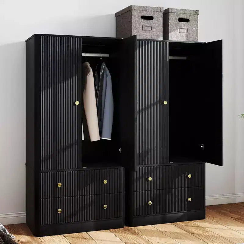 Armario de Ropa 2 Puertas 2 Cajones, Diseño Ondulado, Bisagras de Cierre Suave, Armario de Almacenamiento de Madera Independiente