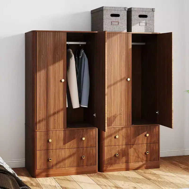 Armario de Ropa 2 Puertas 2 Cajones, Diseño Ondulado, Bisagras de Cierre Suave, Armario de Almacenamiento de Madera Independiente