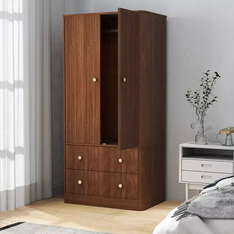 Armario de Ropa 2 Puertas 2 Cajones, Diseño Ondulado, Bisagras de Cierre Suave, Armario de Almacenamiento de Madera Independiente