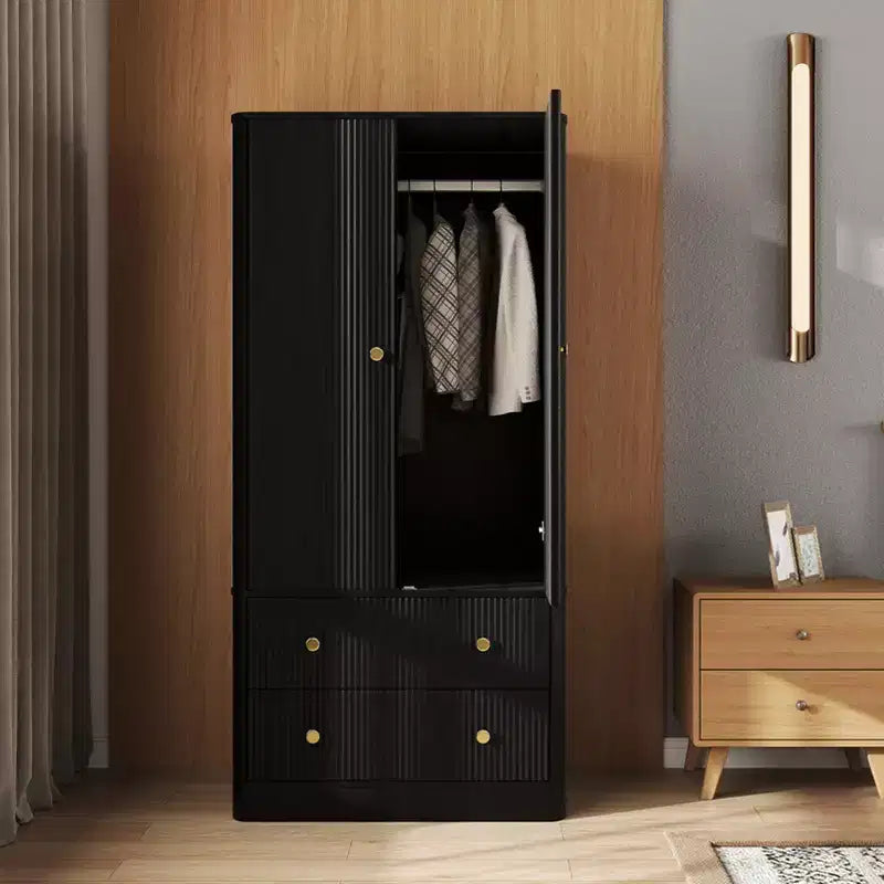 Armario de Ropa 2 Puertas 2 Cajones, Diseño Ondulado, Bisagras de Cierre Suave, Armario de Almacenamiento de Madera Independiente