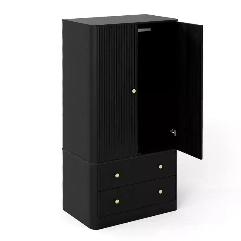 Armario de Ropa 2 Puertas 2 Cajones, Diseño Ondulado, Bisagras de Cierre Suave, Armario de Almacenamiento de Madera Independiente