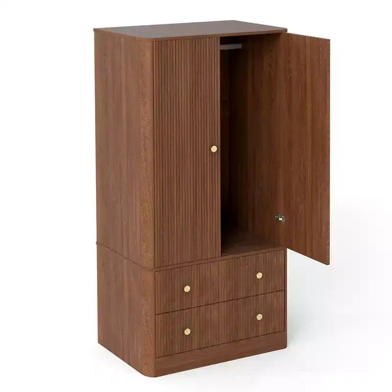 Armario de Ropa 2 Puertas 2 Cajones, Diseño Ondulado, Bisagras de Cierre Suave, Armario de Almacenamiento de Madera Independiente