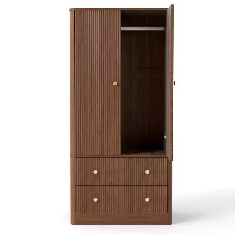 Armario de Ropa 2 Puertas 2 Cajones, Diseño Ondulado, Bisagras de Cierre Suave, Armario de Almacenamiento de Madera Independiente
