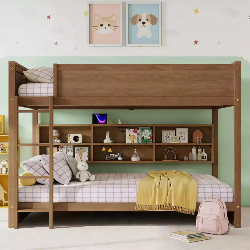 Luxystar Queen Over Queen Wood Bunk Bed with Built-in Storage Cabinets,Charging Station,Ladder and Safety Guardrails
