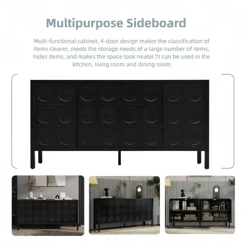 Aparador con Almacenamiento, Mueble de Barra de Café de Madera, Armario de Almacenamiento Consola con 4 Puertas de Diseño Circular Geométrico, Aparador Negro