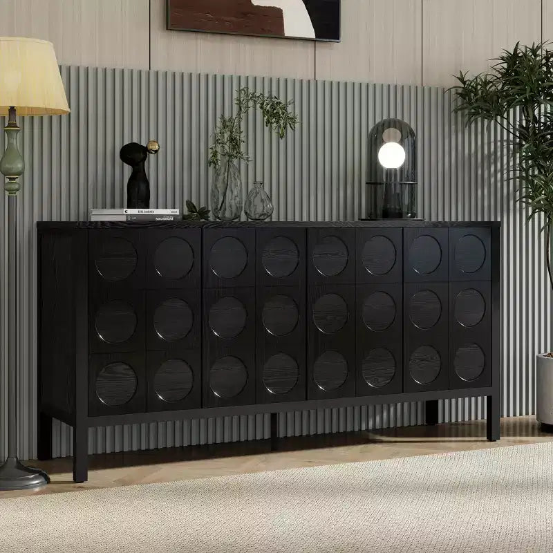 Aparador con Almacenamiento, Mueble de Barra de Café de Madera, Armario de Almacenamiento Consola con 4 Puertas de Diseño Circular Geométrico, Aparador Negro