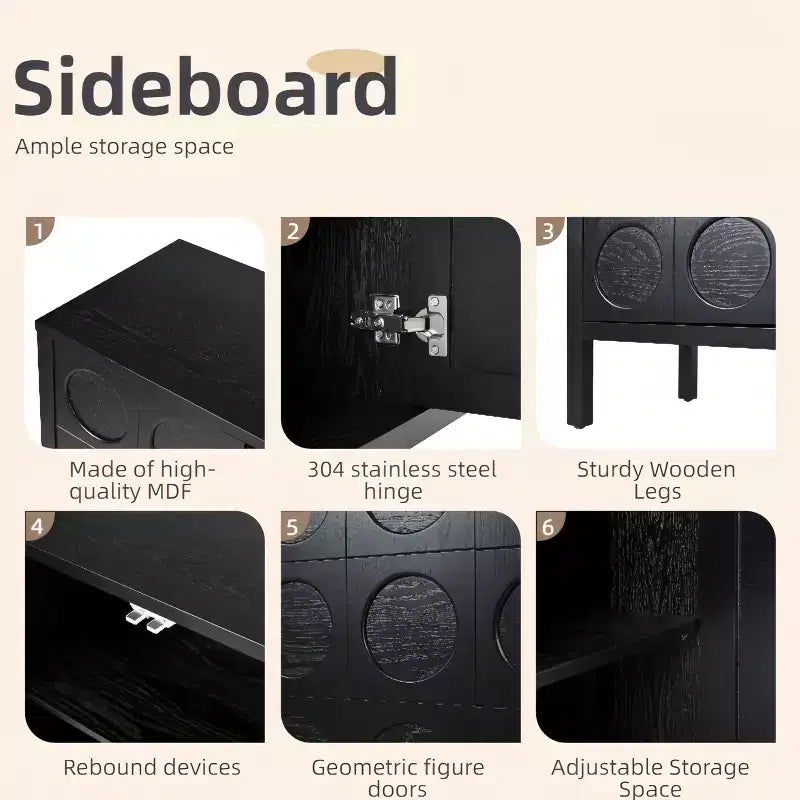 Aparador con Almacenamiento, Mueble de Barra de Café de Madera, Armario de Almacenamiento Consola con 4 Puertas de Diseño Circular Geométrico, Aparador Negro