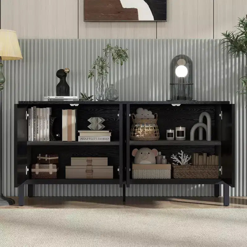 Aparador con Almacenamiento, Mueble de Barra de Café de Madera, Armario de Almacenamiento Consola con 4 Puertas de Diseño Circular Geométrico, Aparador Negro